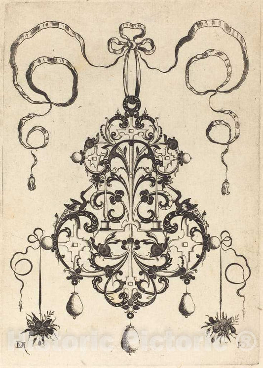 Art Print : Daniel Mignot, Large Pendant, Lower Left and Right Two Bunches of Grass and Fruit, 1596 - Vintage Wall Art