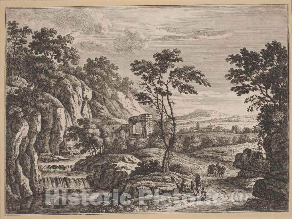 Art Print : Johann Christoph Dietzsch, Landscape with Ruins and a Waterfall - Vintage Wall Art