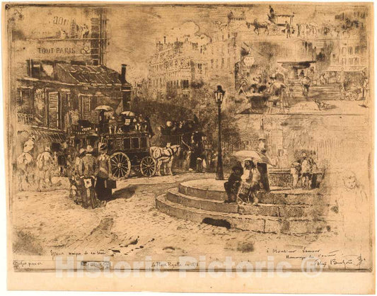 Art Print : FÃ©lix-Hilaire Buhot, La Place Pigalle en 1878 (Place Pigalle in 1878), 1878 - Vintage Wall Art