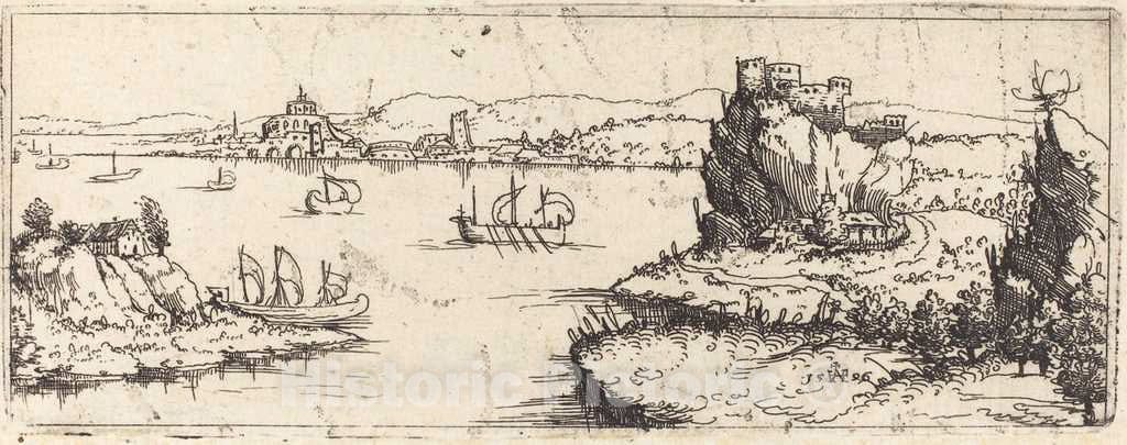 Art Print : Augustin Hirschvogel, Landscape with Sail Boats [Bottom Plate], 1546 - Vintage Wall Art