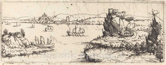 Art Print : Augustin Hirschvogel, Landscape with Sail Boats [Bottom Plate], 1546 - Vintage Wall Art