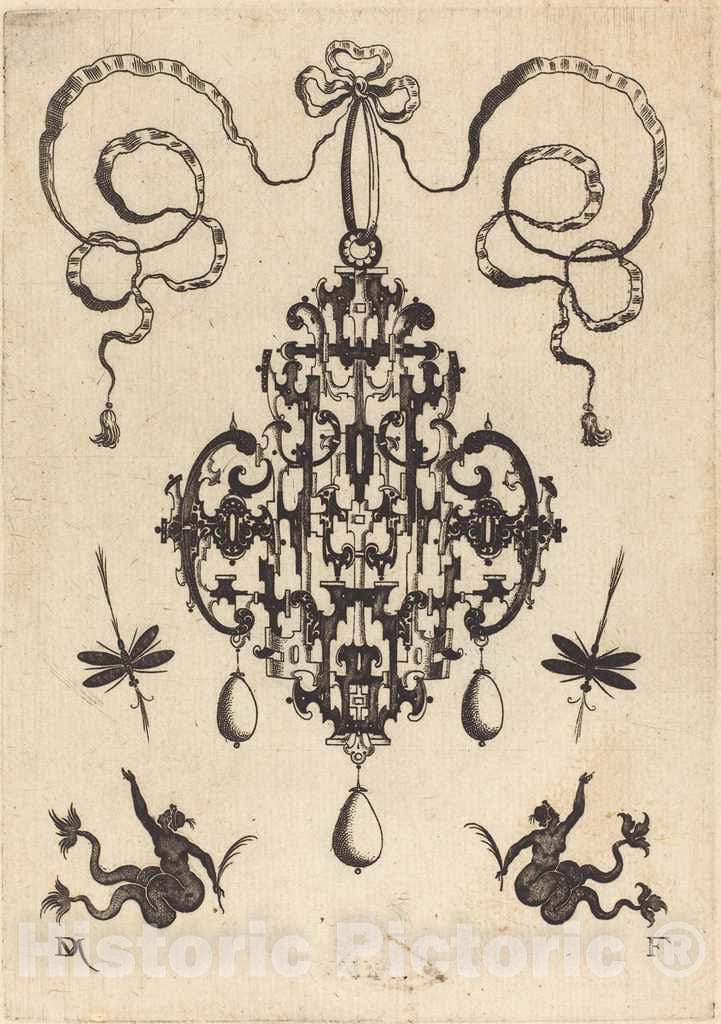 Art Print : Daniel Mignot, Large Pendant, Lower Left and Right Two Creatures of The Sea, 1596 - Vintage Wall Art