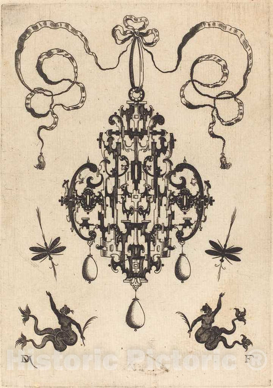 Art Print : Daniel Mignot, Large Pendant, Lower Left and Right Two Creatures of The Sea, 1596 - Vintage Wall Art