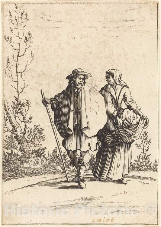 Art Print : Jacques Callot, Beggar Couple, with Landscape in Background, 17th Century - Vintage Wall Art
