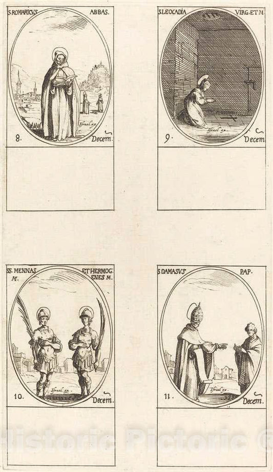 Art Print : Jacques Callot, St. Romaricus; St. Leocadia; STS. Mennas and Hermogenes; St. Damasus - Vintage Wall Art