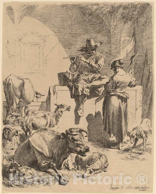 Art Print : Nicolaes Pietersz Berchem, The Shepherd Seated on a Fountain and The Spinner, 1652 - Vintage Wall Art