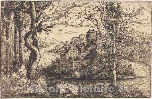 Art Print : Hanns Lautensack, View on a River with a Castle on an Island, 1553 - Vintage Wall Art