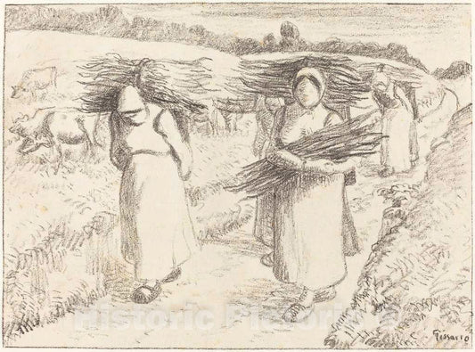 Art Print : Camille Pissarro, Peasants Carrying Sticks (Paysannes portant des fagots), 1896 - Vintage Wall Art