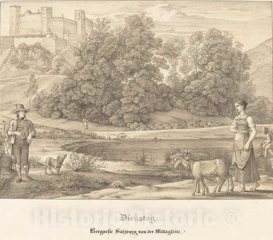 Art Print : Olivier, Dienstag - Bergveste Salzburg VOR der Mittagseit (Tuesday - The Castle of Salzburg from The Noontime Side), 1823 - Vintage Wall Art