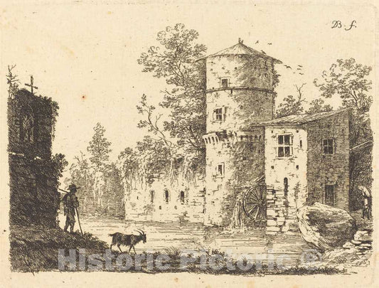 Art Print : Jacques de Boissieu, Ancient Tower with a Water Mill, 1759 - Vintage Wall Art