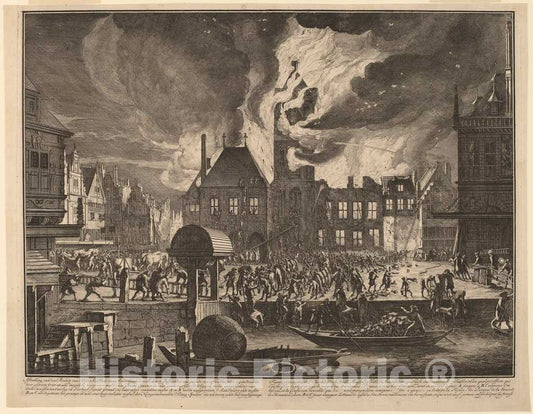 Art Print : Jan Van der Heyden, Burning of The Old Amsterdam Town Hall, 1690 - Vintage Wall Art