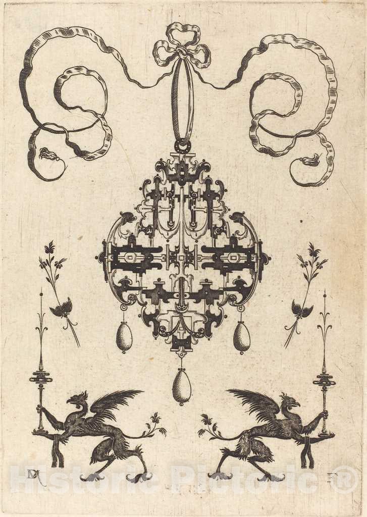 Art Print : Daniel Mignot, Large Pendant, Lower Left and Right Two Griffins Carrying Fantasy Candlesticks, 1596 - Vintage Wall Art