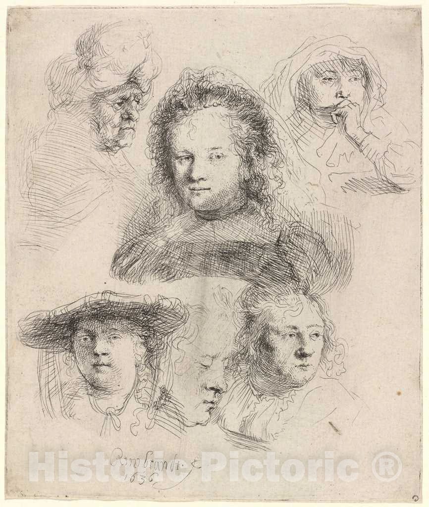 Art Print : Rembrandt, Studies of The Head of Saskia and Others, 1636 - Vintage Wall Art