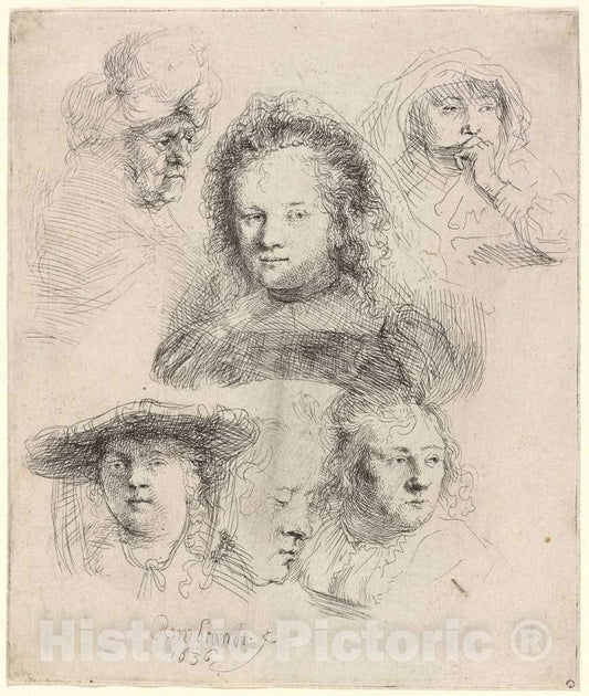 Art Print : Rembrandt, Studies of The Head of Saskia and Others, 1636 - Vintage Wall Art