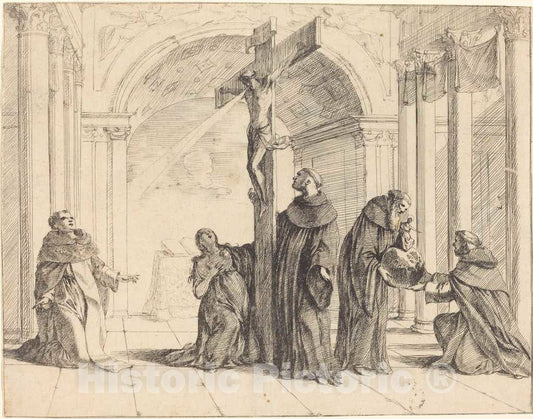 Art Print : Johann Heinrich SchÃ¶nfeld, A Crucifix in a Church with Saints Thomas Aquinas, Mary Magdalene, Albertus Magnus, and Others, 1655 - Vintage Wall Art