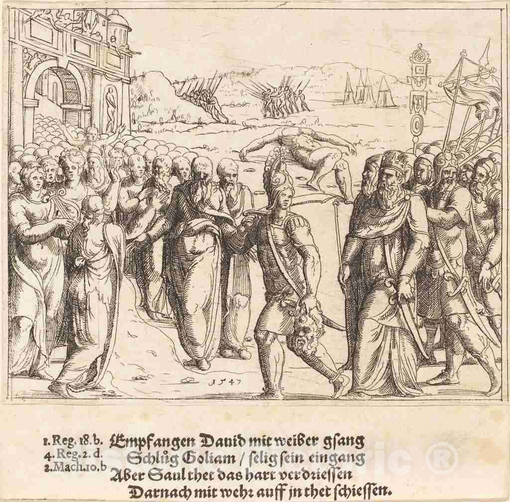 Art Print : Augustin Hirschvogel, David is Welcomed After Killing Goliath, and Saul's Jealousy, 1547 - Vintage Wall Art