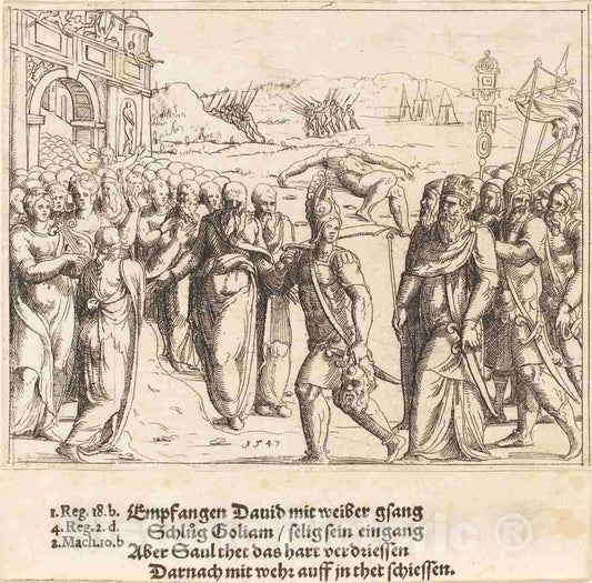 Art Print : Augustin Hirschvogel, David is Welcomed After Killing Goliath, and Saul's Jealousy, 1547 - Vintage Wall Art