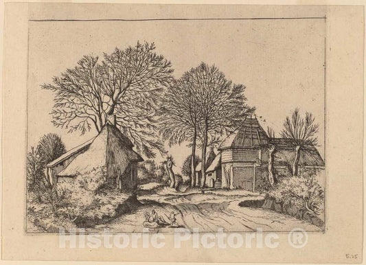 Art Print : Johannes and Lucas Van Doetechum, Road with Barn and Cottages, c.1560 - Vintage Wall Art