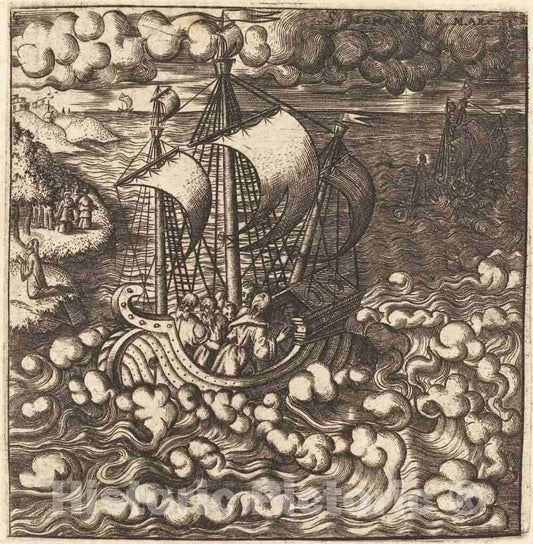 Art Print : LÃ©onard Gaultier, Christ Praying While His Disciples are in a Boat on a Windy Sea, c.1578 - Vintage Wall Art