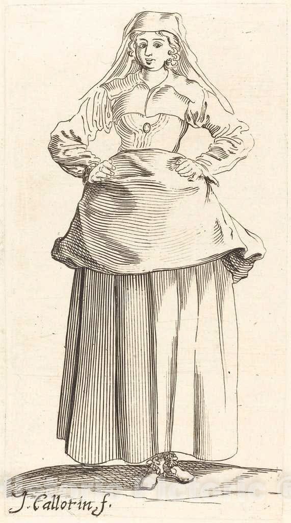 Art Print : Henriet After Callot, Young Woman with Hands on Hips, Front View - Vintage Wall Art