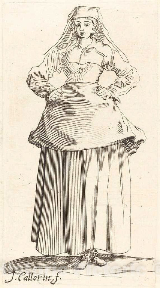 Art Print : Henriet After Callot, Young Woman with Hands on Hips, Front View - Vintage Wall Art