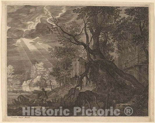 Art Print : Sadeler II After Savery, Landscape with Men Fishing by Moonlight - Vintage Wall Art