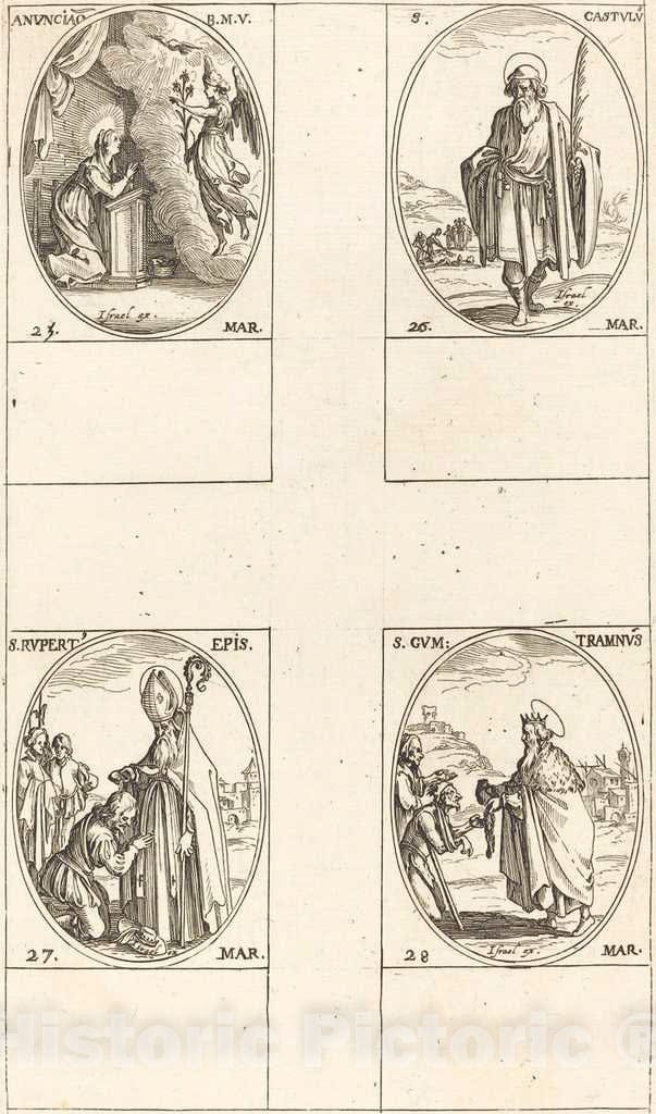 Art Print : Jacques Callot, The Annunciation; St. Castulus; St. Rupert; St. Gontran - Vintage Wall Art