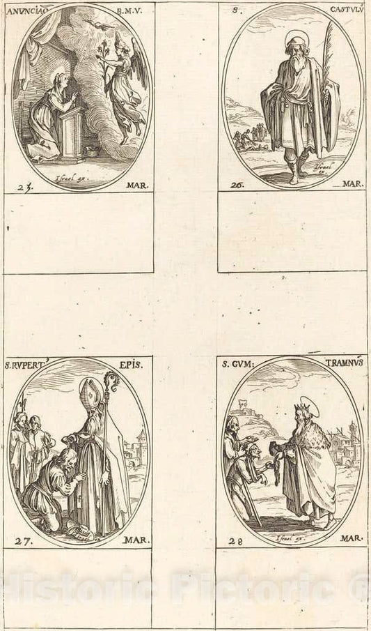 Art Print : Jacques Callot, The Annunciation; St. Castulus; St. Rupert; St. Gontran - Vintage Wall Art