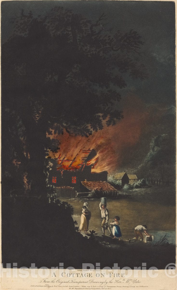 Art Print : Mrs. Yates, A Cottage on Fire - Vintage Wall Art