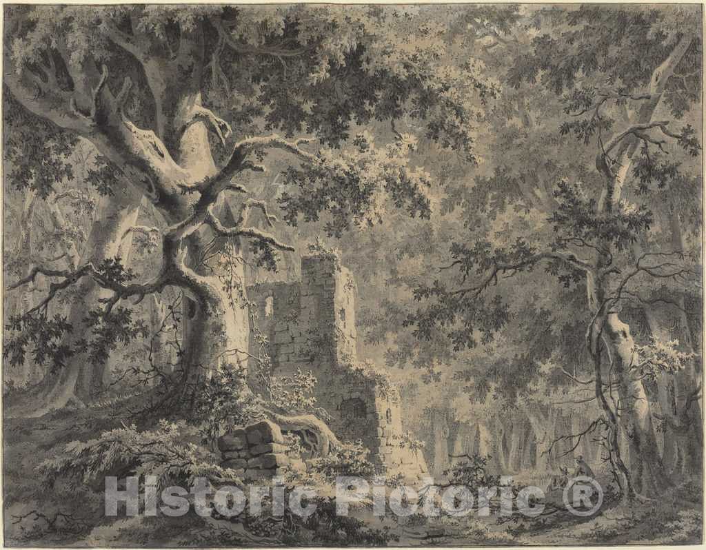 Art Print : Paulus Van Liender, Ruins by a Woodland Stream - Vintage Wall Art