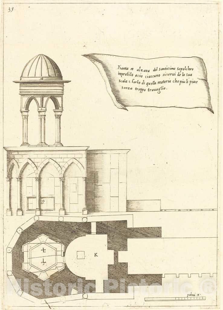 Art Print : Jacques Callot, Plan and Elevation of The Church of The Holy Sepulchre, 1619 - Vintage Wall Art