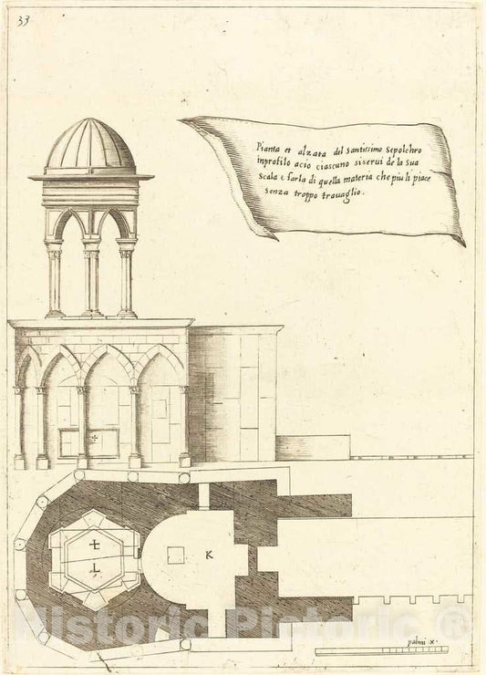 Art Print : Jacques Callot, Plan and Elevation of The Church of The Holy Sepulchre, 1619 - Vintage Wall Art
