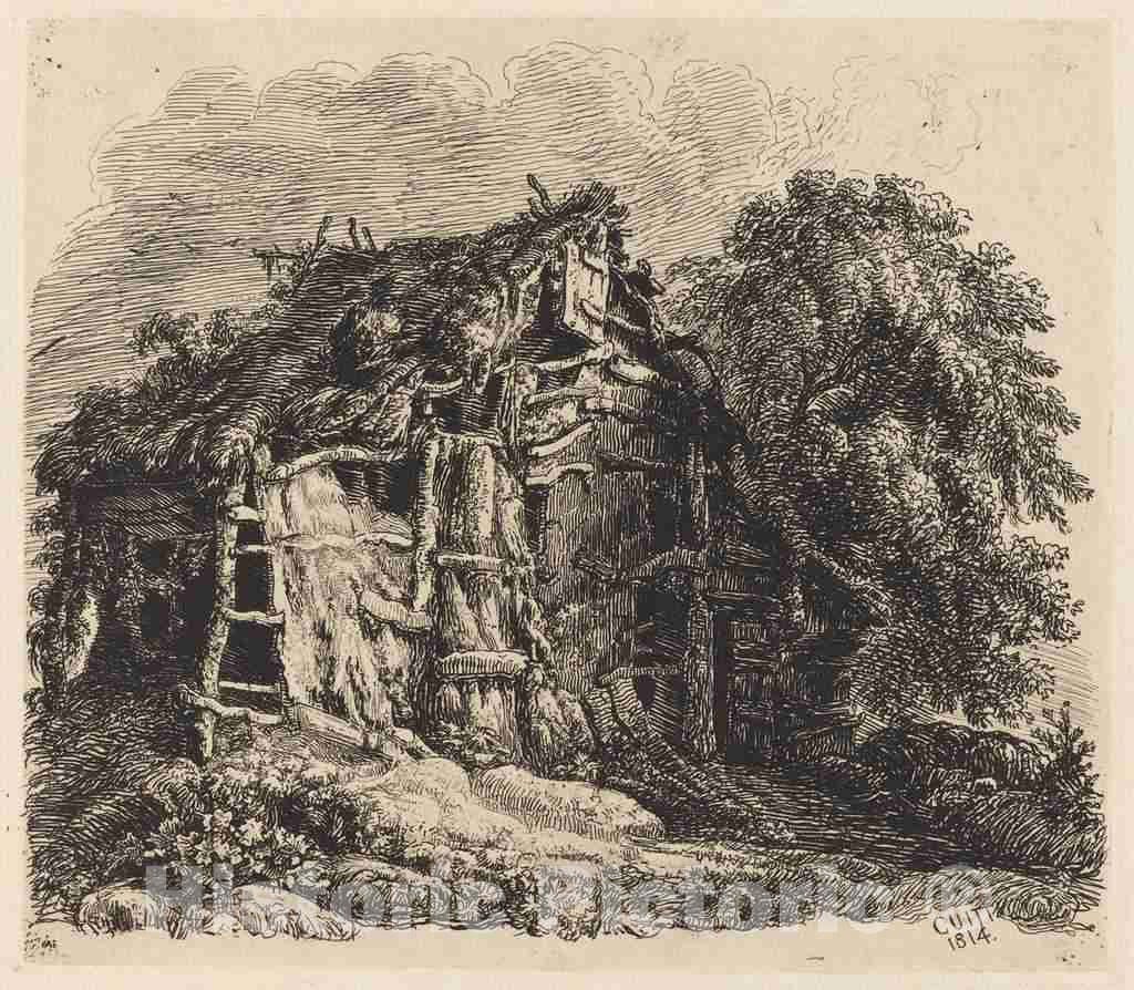 Art Print : George Cuitt The Younger, Welsh Hovel at Machynllaeth, 1814 - Vintage Wall Art