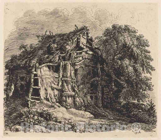 Art Print : George Cuitt The Younger, Welsh Hovel at Machynllaeth, 1814 - Vintage Wall Art