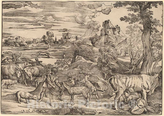 Art Print : NiccolÃ² Boldrini After Titian, Landscape with a Milkmaid, 1530s - Vintage Wall Art