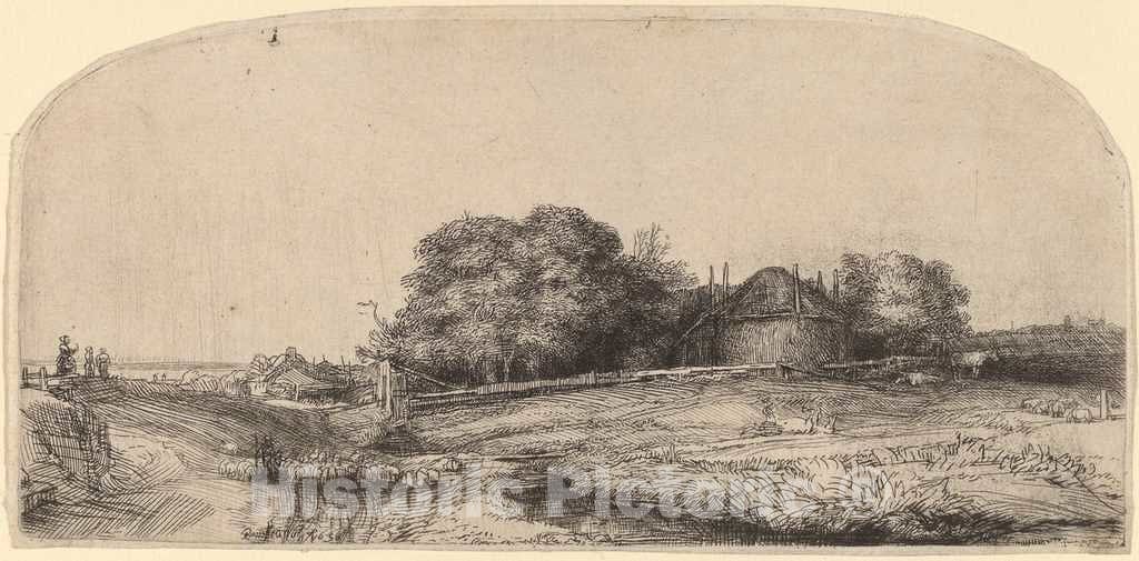 Art Print : Rembrandt, Landscape with a Hay Barn and a Flock of Sheep, 1652 - Vintage Wall Art