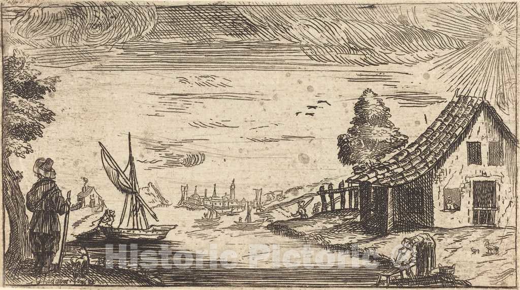Art Print : Jacques Callot, Landscape with Figure and Boat - Vintage Wall Art