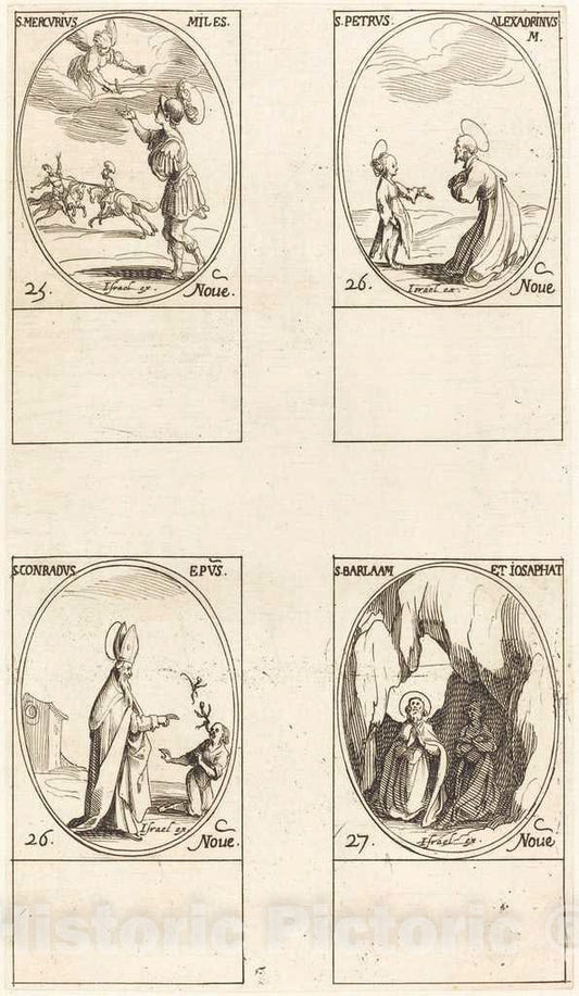 Art Print : Jacques Callot, St. Mercury; St. Peter of Alexandria; St. Conrad; STS. Barlaam and Josaphat - Vintage Wall Art