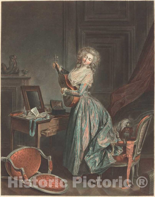Art Print : Janinet After Lavreince, A Woman Playing The Guitar, c.1789 - Vintage Wall Art