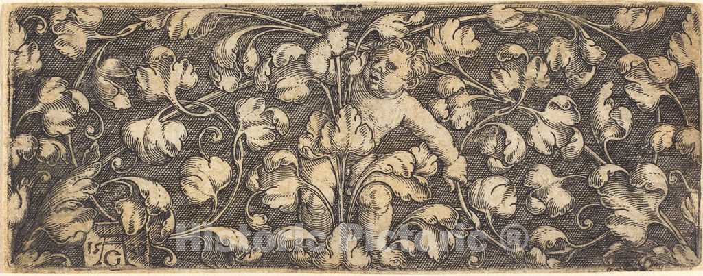 Art Print : Aldegrever, Ornament with Foliage and a Child in The Center, 1539 - Vintage Wall Art