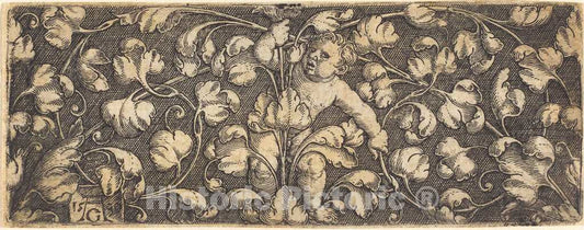 Art Print : Aldegrever, Ornament with Foliage and a Child in The Center, 1539 - Vintage Wall Art