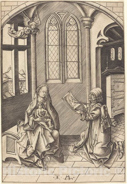 Art Print : Israhel Van Meckenem, Saint Luke Drawing a Portrait of The Virgin, c. 1475 - Vintage Wall Art