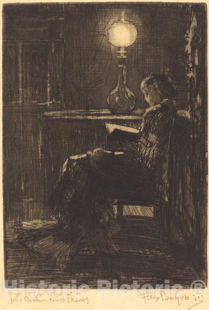 Art Print : FÃ©lix-Hilaire Buhot, Liseuse Ã  la Lampe (Woman Reading by Lamplight), 1879 - Vintage Wall Art