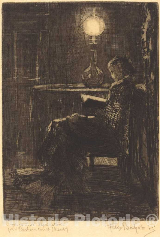 Art Print : FÃ©lix-Hilaire Buhot, Liseuse Ã  la Lampe (Woman Reading by Lamplight), 1879 - Vintage Wall Art