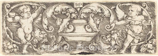 Art Print : Sebald Beham, Ornament with a Vase Between Two Genii - Vintage Wall Art