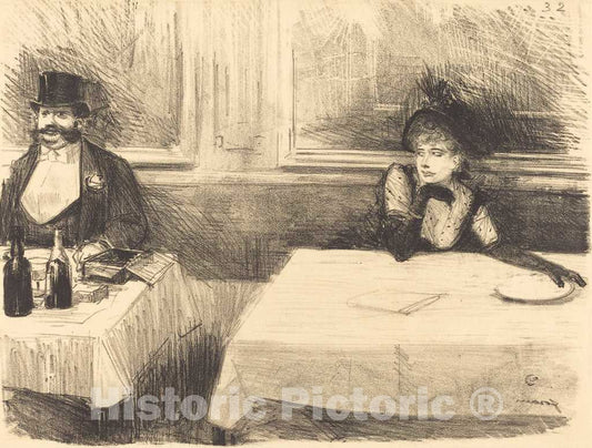 Art Print : Louis Forain, at The Restaurant, 1890 - Vintage Wall Art