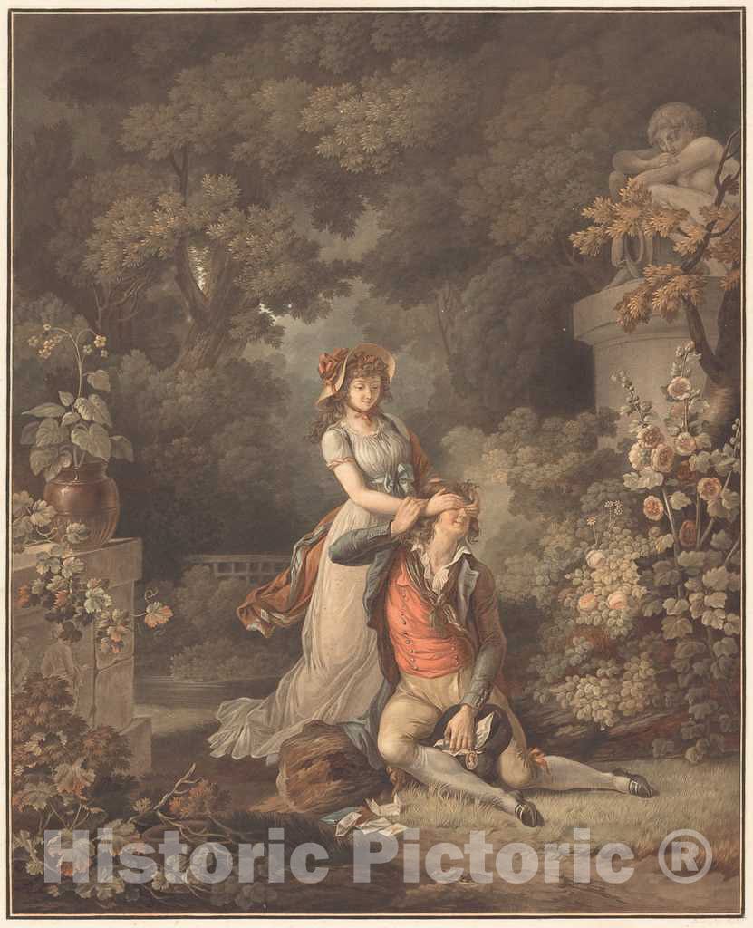 Art Print : Descourtis After Jean Frederic Schall, L'Amant surpris - Vintage Wall Art