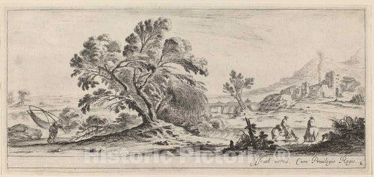 Art Print : Stefano Della Bella, Landscape with Fisherman Carrying his Net, in or Before 1647 - Vintage Wall Art
