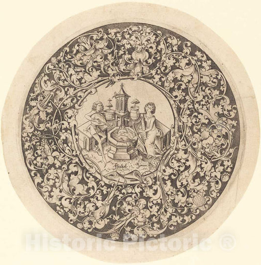 Art Print : Israhel Van Meckenem, Circular Ornament with Musicians Playing Near a Well, c.1499 - Vintage Wall Art