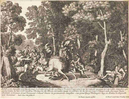 Art Print : Jean Lepautre, Atlanta and Meleager Hunting The Boar of Calydon - Vintage Wall Art